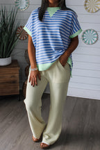 Striped Contrast Trim Loose Short Sleeve Top