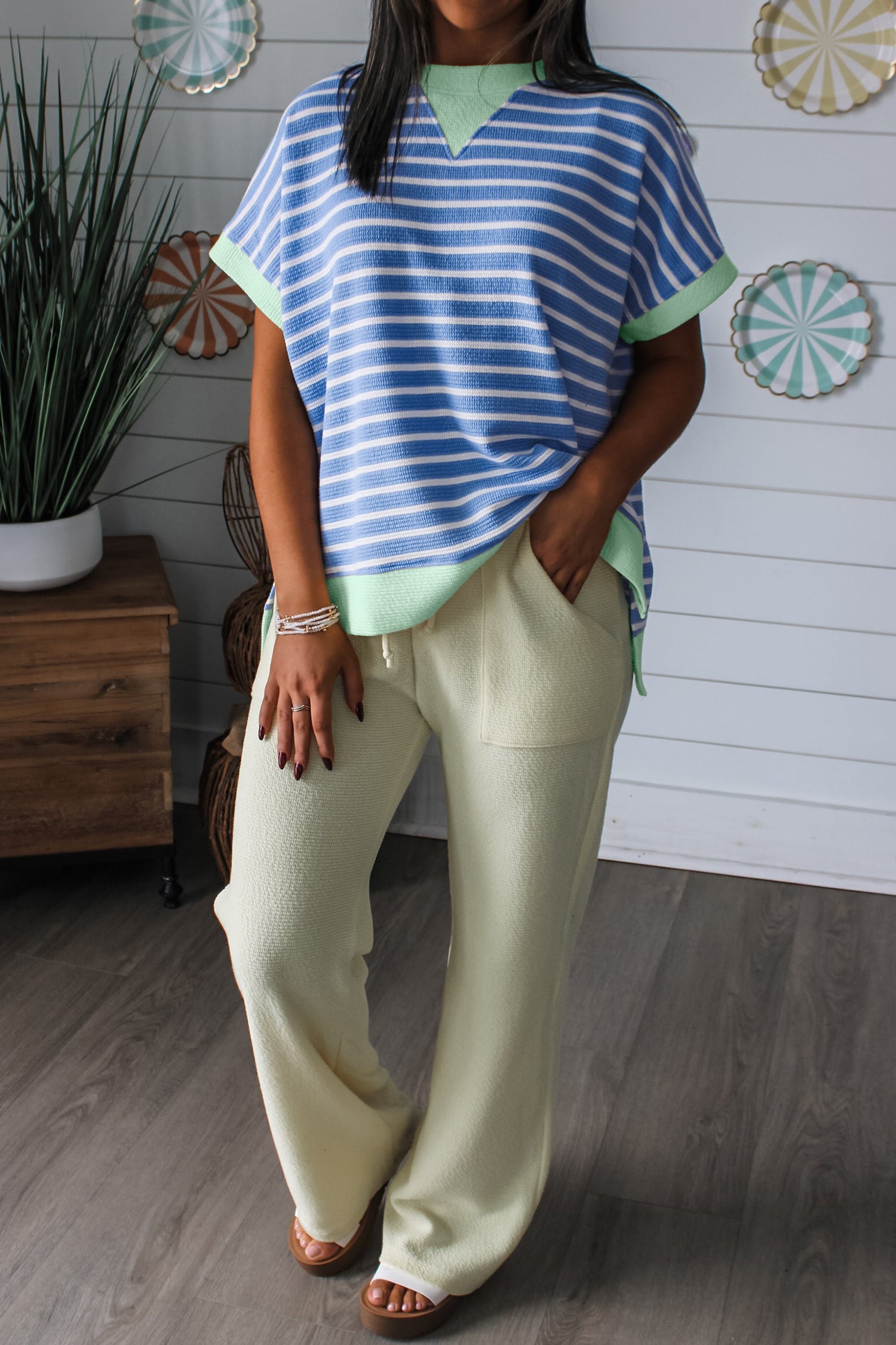 Striped Contrast Trim Loose Short Sleeve Top
