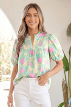 Short Bubble Sleeve Summer Floral Blouse