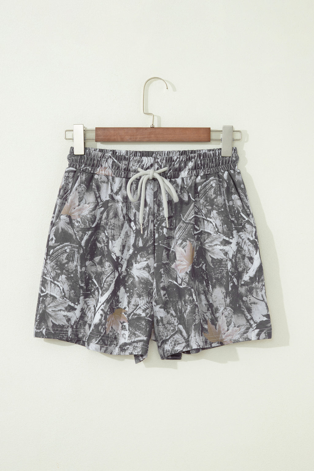 Grey Abstract Maple Leaf Printed Tie Elastic Waist Shorts