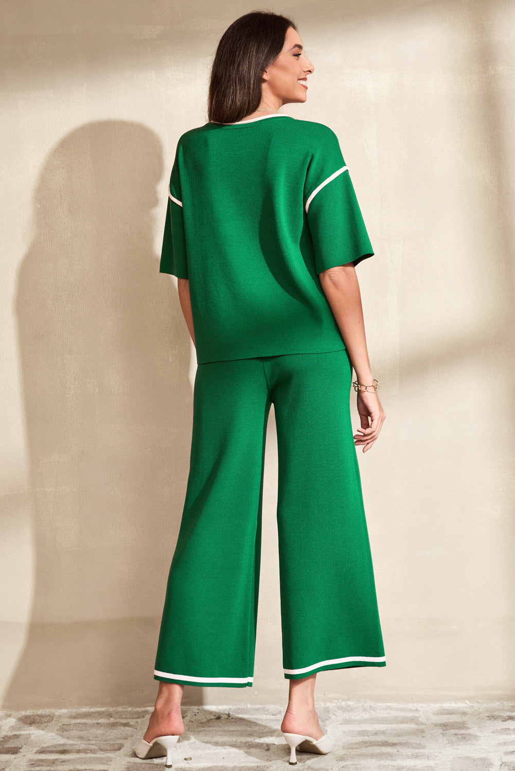 Contrast Trim Half Sleeve Top Drawstring Pants Loose 2pcs Sweater Suit