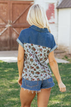 Grey Retro Floral Print Denim Patchwork Buttoned Polo Collar Top