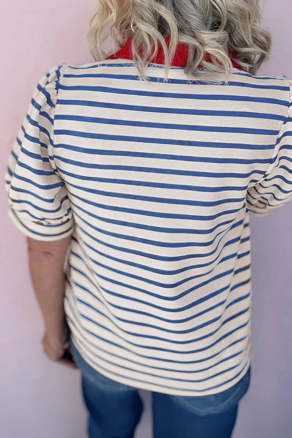 Striped Short Puff Sleeve Colour Block Polo Collar Blouse
