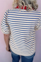 Striped Short Puff Sleeve Colour Block Polo Collar Blouse