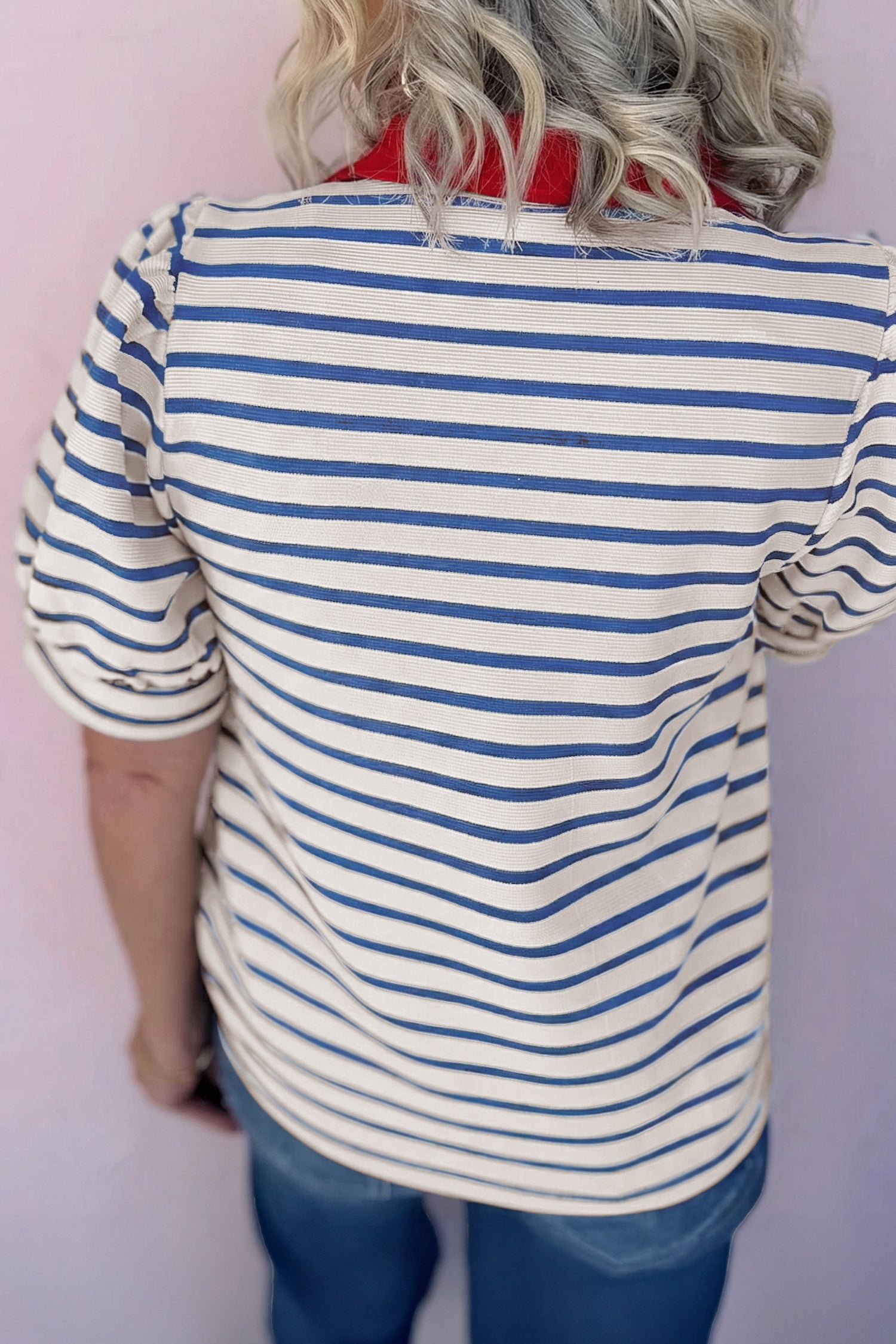 Striped Short Puff Sleeve Colour Block Polo Collar Blouse