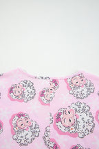Pink Santa Claus Print V Neck Tee Drawstring Pants 2pcs Lounge Set