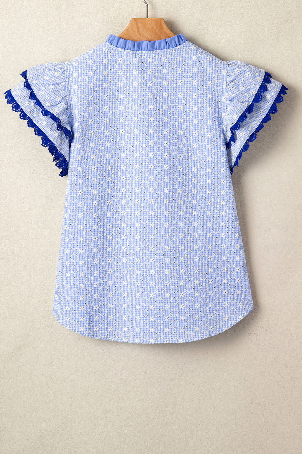 Eyelet Embroidered Flower Texture Contrast Lace Trim Flutter Sleeve Blouse