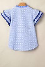 Eyelet Embroidered Flower Texture Contrast Lace Trim Flutter Sleeve Blouse