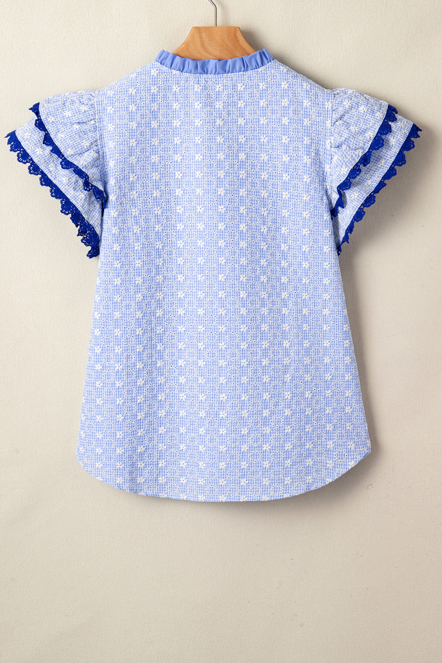 Eyelet Embroidered Flower Texture Contrast Lace Trim Flutter Sleeve Blouse