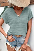 Textured Wide Sleeve V Neck T Shirt