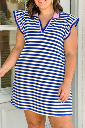 Dark Blue Plus Size Striped Shift Dress Colorblock V Neck Short Sleeve Casual Summer