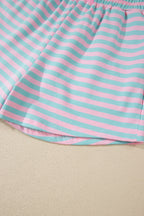 Striped Color Block Detail Long Sleeve Pullover Elastic Waist Pull On Shorts 2pcs Set