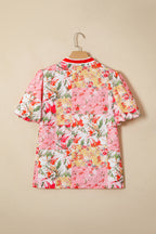 Pink Contrast Collared V Neck Short Sleeve Floral Blouse