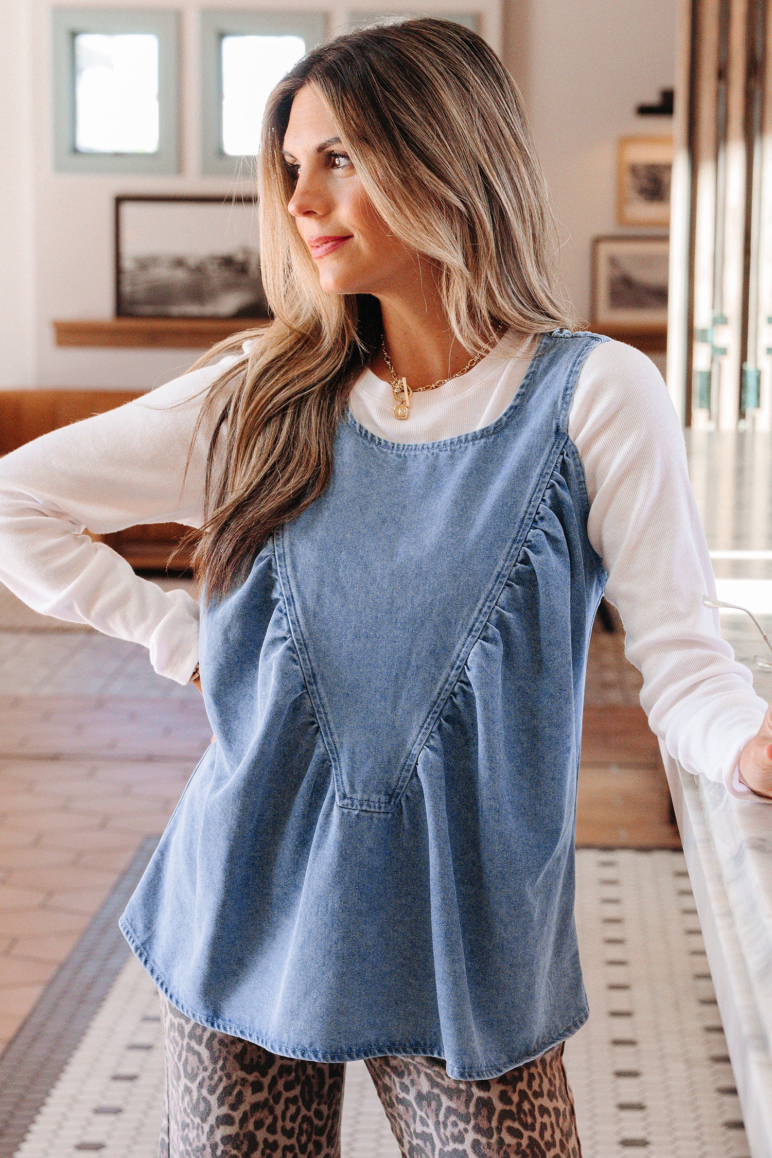 Myosotis Denim Pleated Patchwork Sleeveless Top