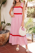 Red Stripe Bow Knot Straps Contrast Trim High Waist Ruffle Hem Maxi Dress
