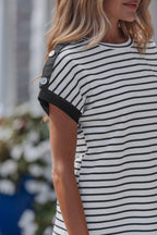 Black Stripe Cuffed Sleeve Button Detail Loose Tee