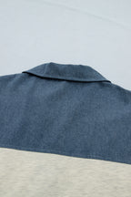 Light Grey Half Buttons Collared Denim Patchwork Plus Size Short Sleeve Top