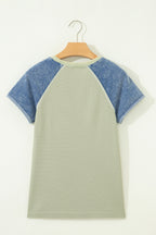 Waffle Knit Seam Detail Color Block Patchwork Short Sleeve Top