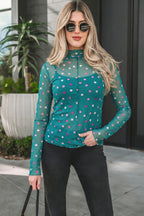 Polka Dot Patterned Bodycon Mock Neck Mesh Long Sleeve Top