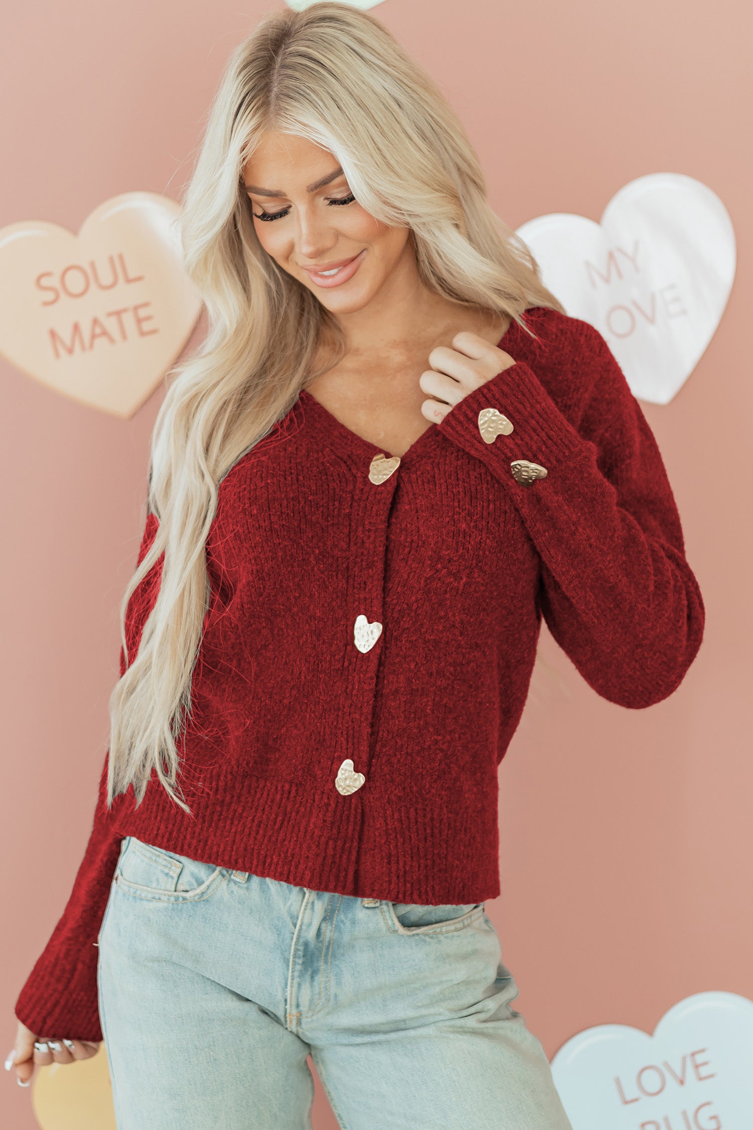 Heart Metal Button V Neck Cardigan Sweater