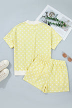 Polka Dot Print Color Block Trim Mock Neck Short Set
