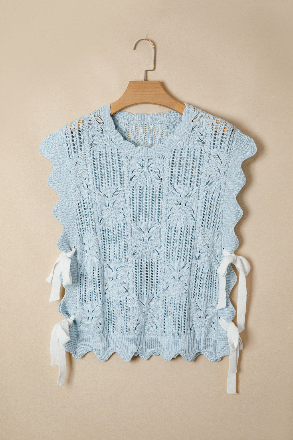 Pointelle Knit Patterned Scalloped Trim Short Sleeve Sweater