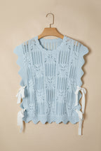 Pointelle Knit Patterned Scalloped Trim Short Sleeve Sweater