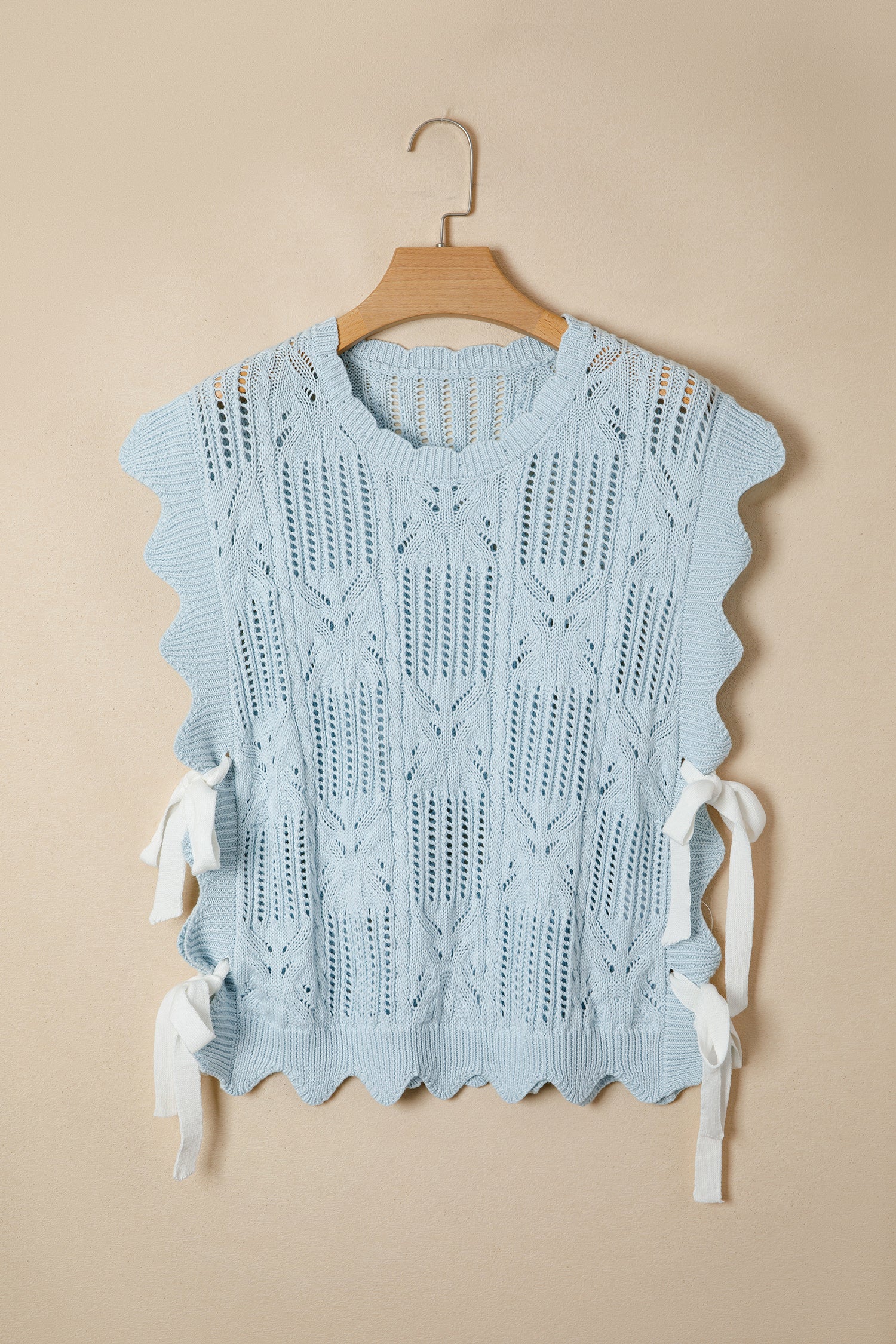 Pointelle Knit Patterned Scalloped Trim Short Sleeve Sweater