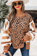Striped Color Block Patchwork Leopard Casual Sweatshirt with Slits