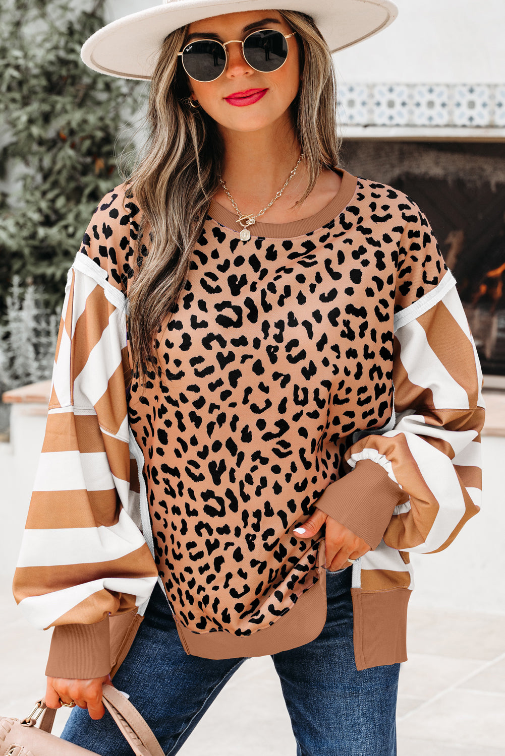 Striped Color Block Patchwork Leopard Casual Sweatshirt with Slits