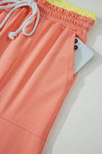 Colour Block Flower Patchwork Drawstring Contrasted Elastic Waist Wide Leg Pants
