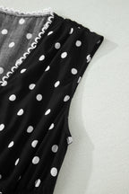 Polka Dot Print Contrast Trim V Neck Zip Up Sleeveless Dress