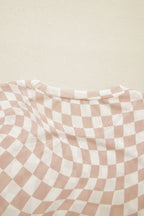 Khaki Checkered Print Mock Neck Mesh T Shirt