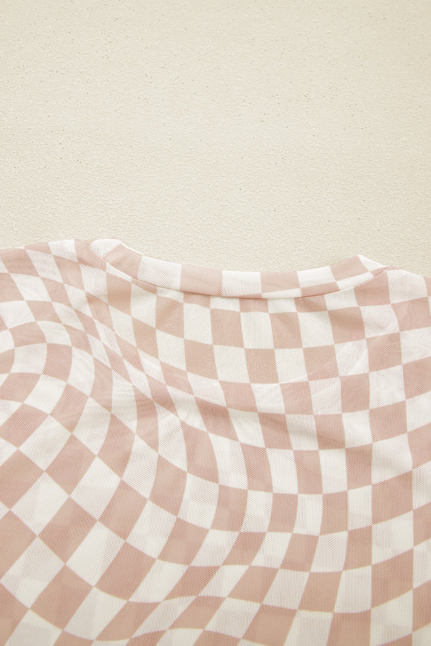 Khaki Checkered Print Mock Neck Mesh T Shirt