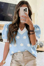 Polka Dot Puff Short Sleeve Sweater Top
