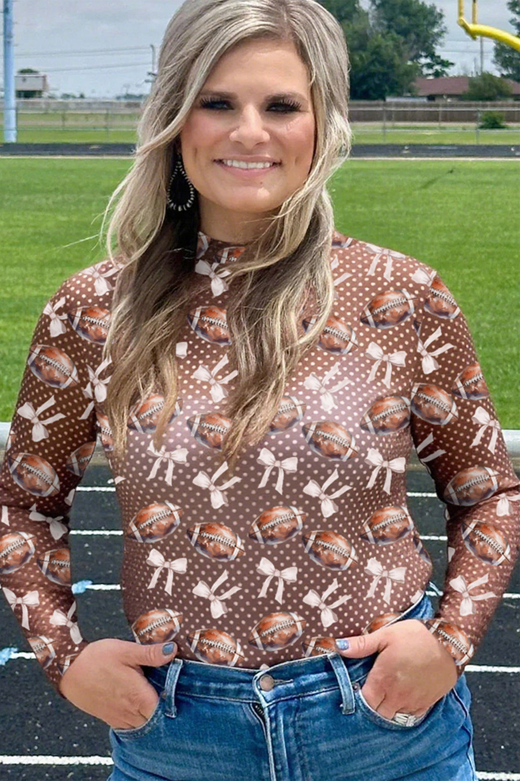 Brown Long Sleeve Polka Dot Football Print Top with Bow Decorations Casual Sheath Pullover