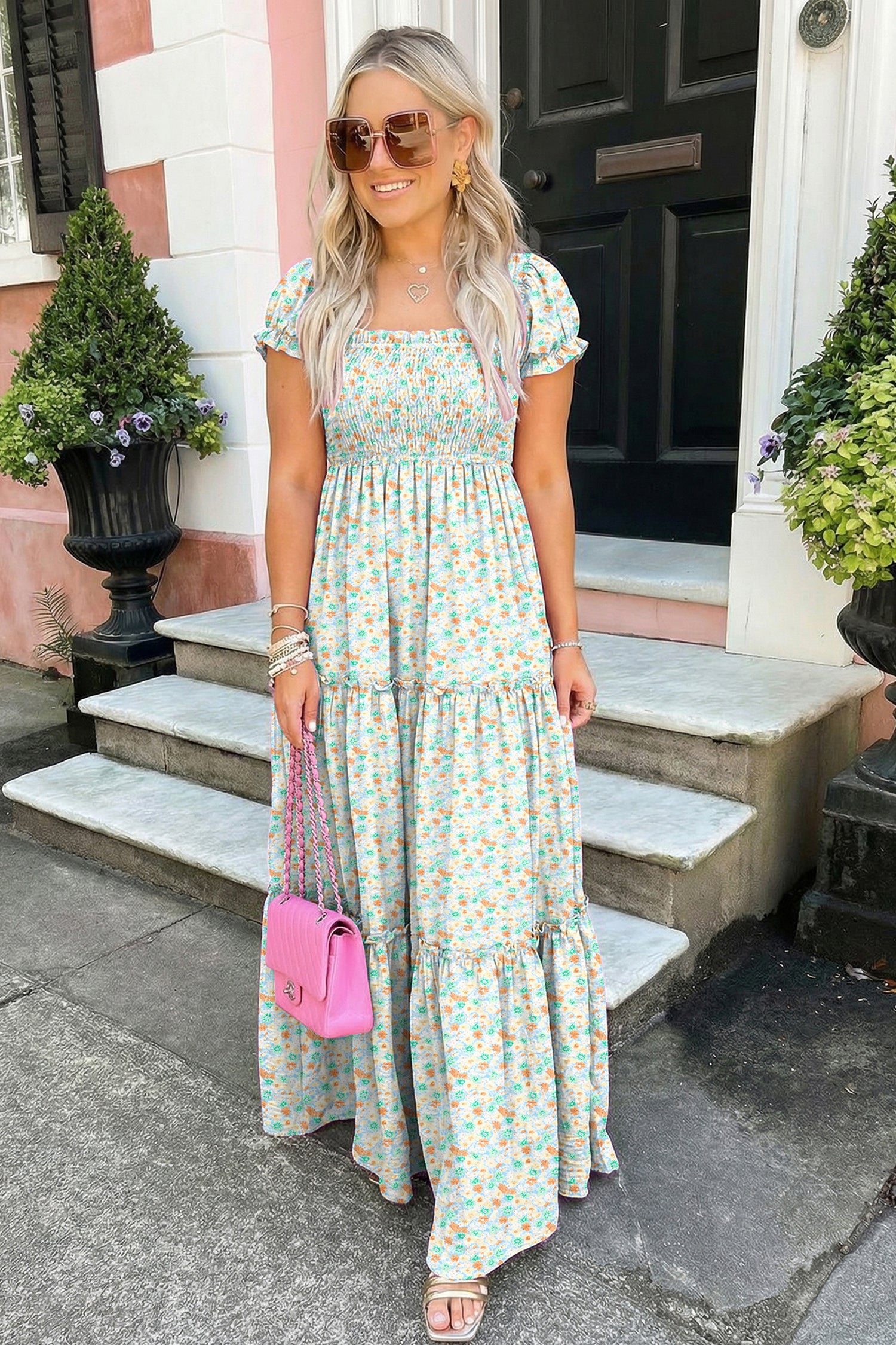 Floral Short Bubble Sleeve Shirred High Waist Maxi Dress