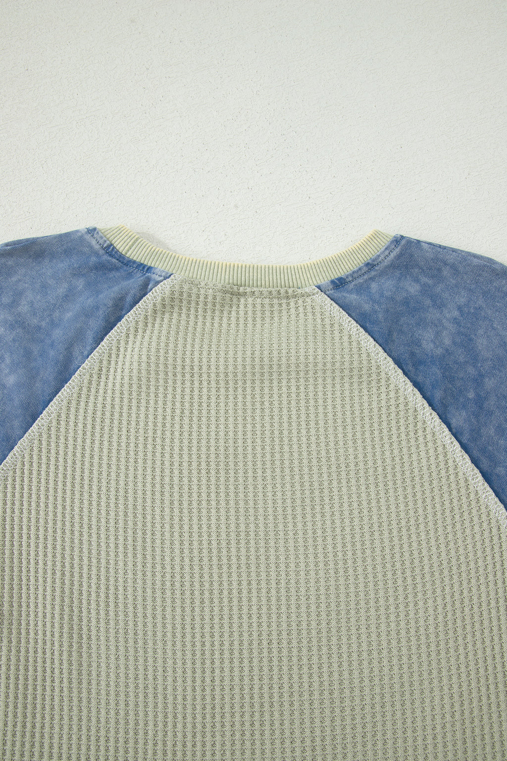 Waffle Knit Seam Detail Color Block Patchwork Short Sleeve Top