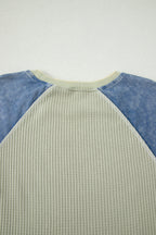Waffle Knit Seam Detail Color Block Patchwork Short Sleeve Top