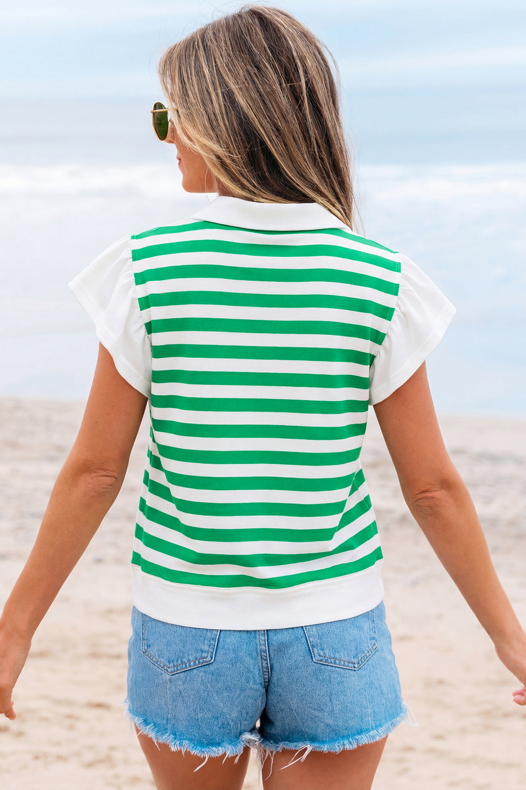 Striped Collar V Neck Ruffled Short Sleeve Blouse