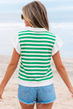 Striped Collar V Neck Ruffled Short Sleeve Blouse