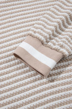 Beige Striped Textured Knit V Neck Casual Top