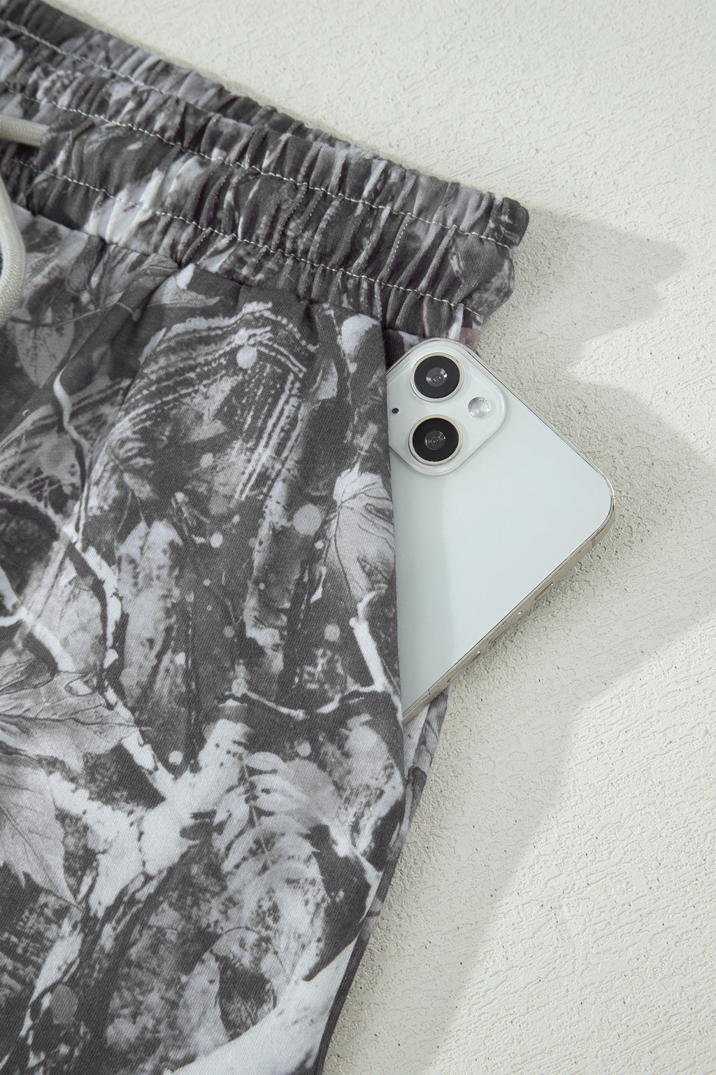 Grey Abstract Maple Leaf Printed Tie Elastic Waist Shorts