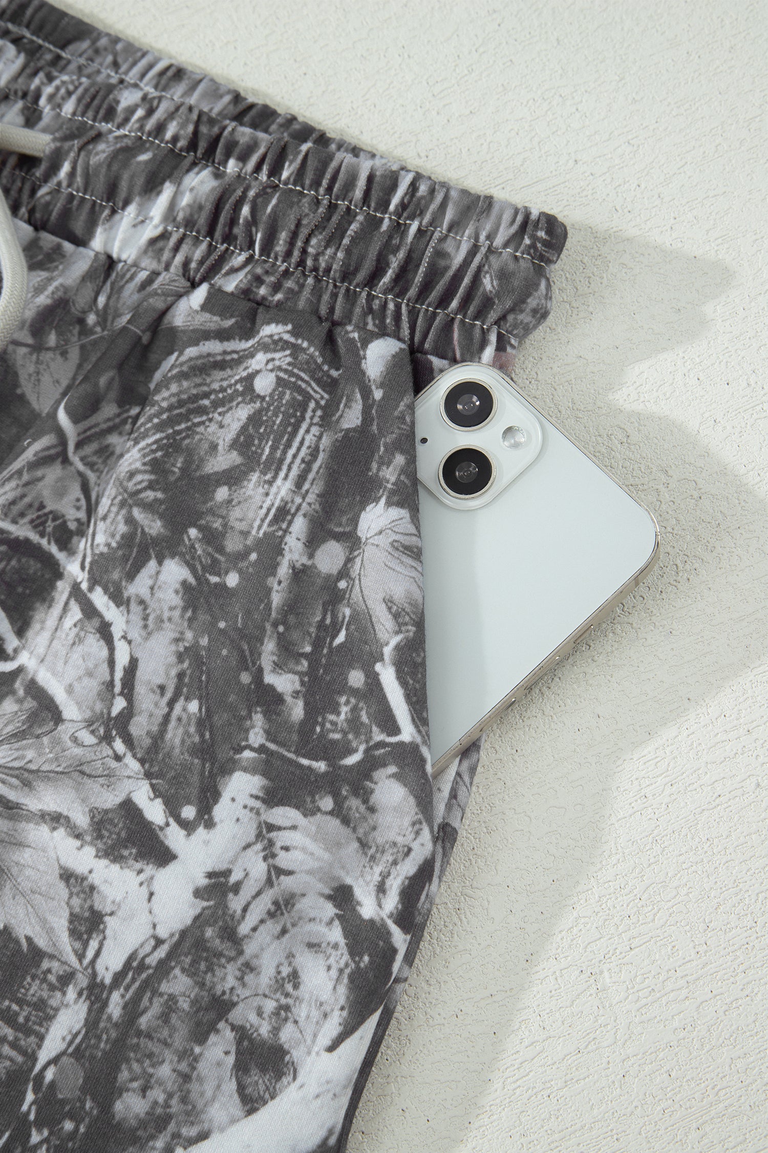 Grey Abstract Maple Leaf Printed Tie Elastic Waist Shorts