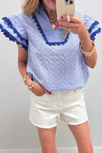 Eyelet Embroidered Flower Texture Contrast Lace Trim Flutter Sleeve Blouse