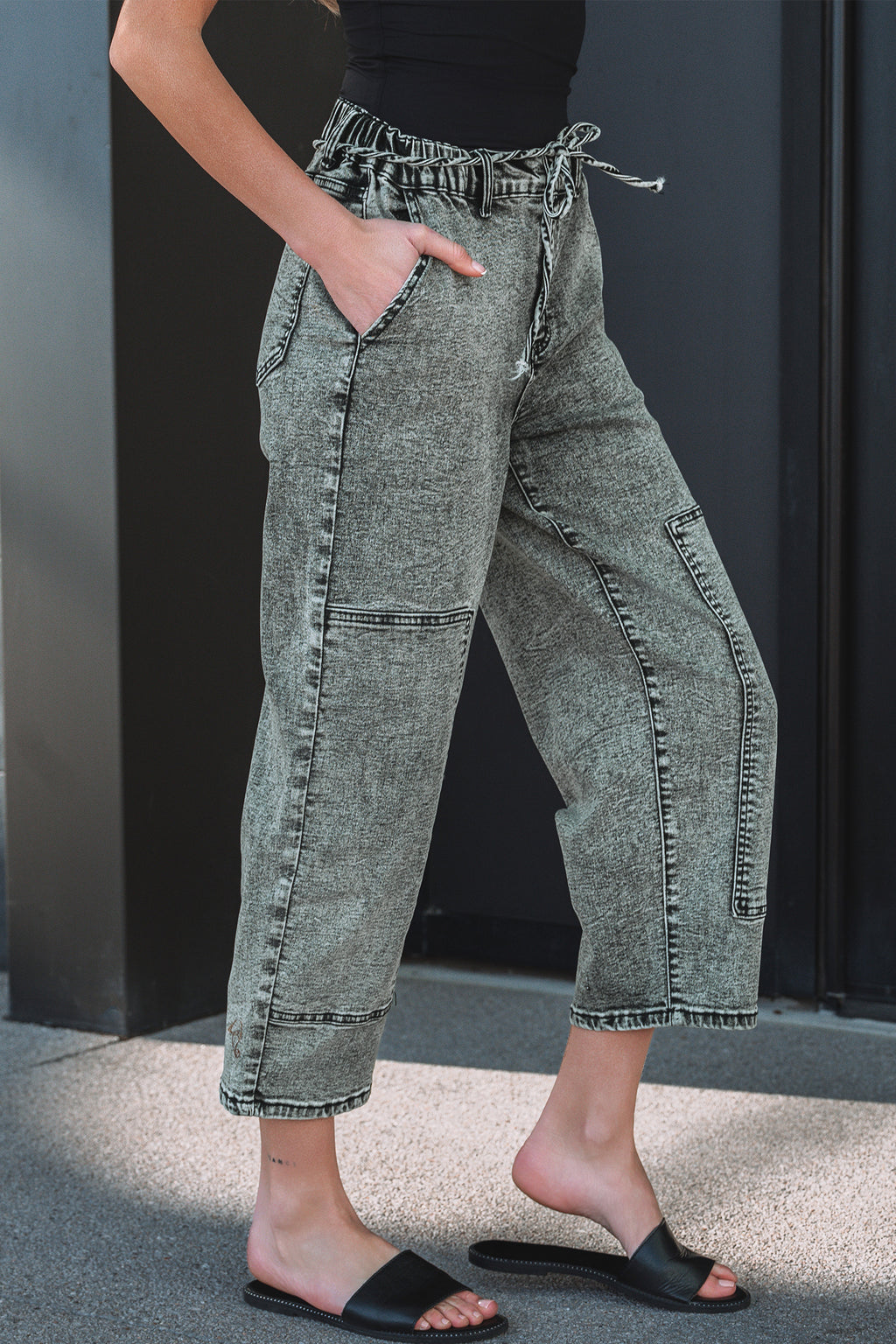 Acid Wash Barrel Fit Denim Pants with Waist String