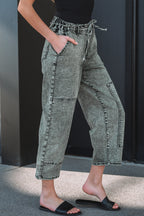 Acid Wash Barrel Fit Denim Pants with Waist String