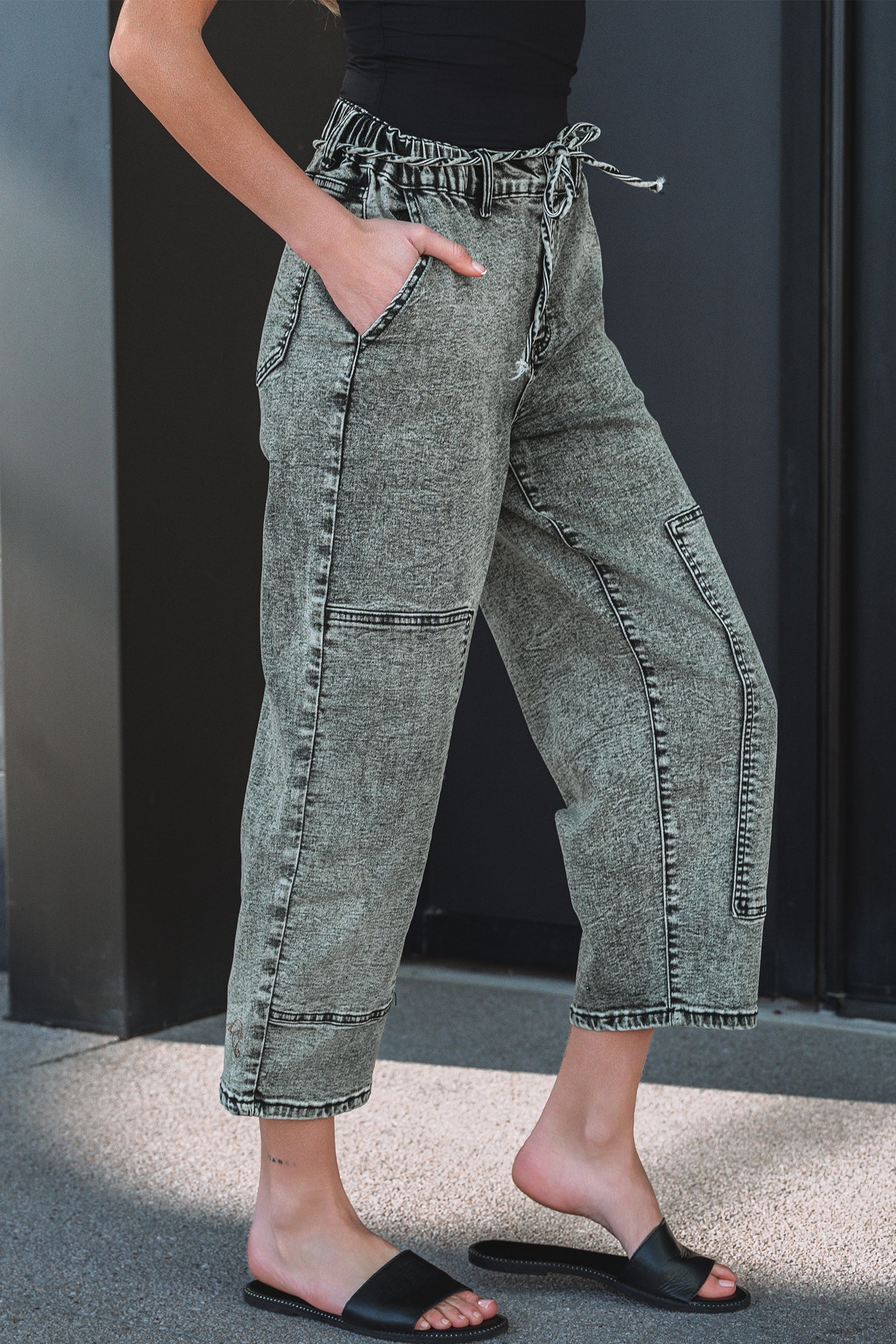 Acid Wash Barrel Fit Denim Pants with Waist String