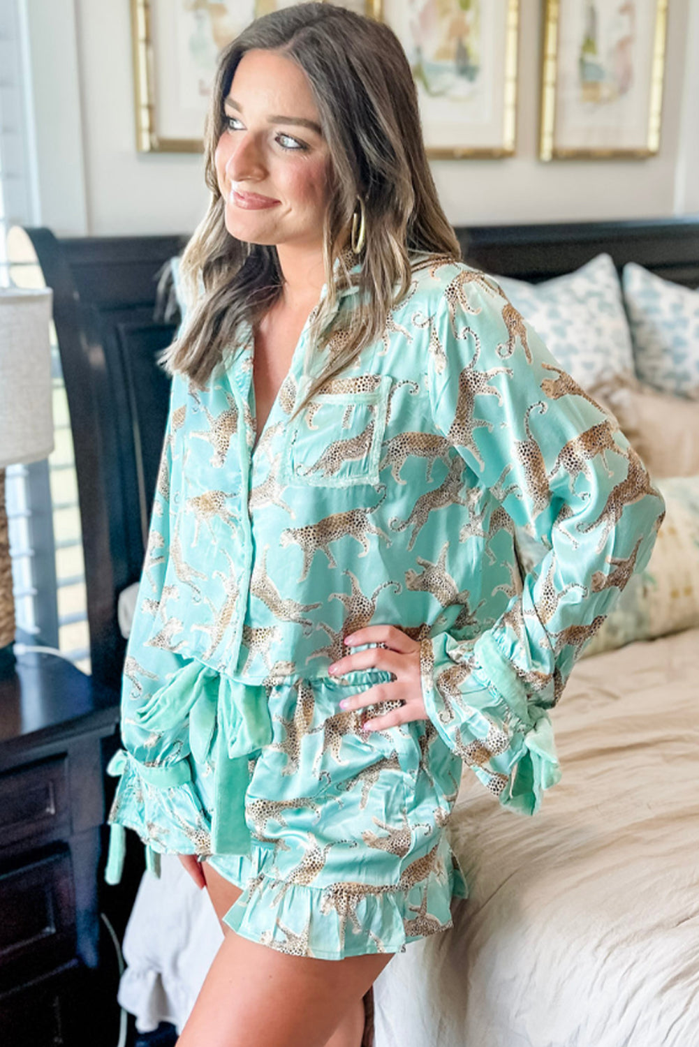 Green Leopard Satin Ruffle Pyjama Short Set