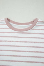 Khaki Stripe Color Block Trim Round Neck Short Sleeve Top
